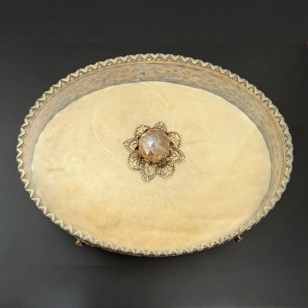 Vintage Gold Gilt Ormolu Filigree Hollywood Regency Lid Glass Vanity Jewelry Box